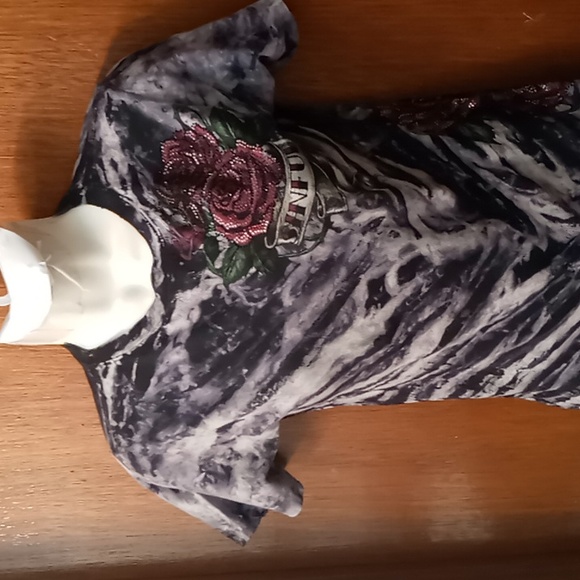 Sinful Black /White Print With Pink Roses and Skull Small Size Stretchy - Picture 3 of 14